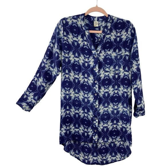 Seen Worn Kept Silk Olivia Tunic Top Size 4 High Low Button Blue Tie Dye - Picture 1 of 10